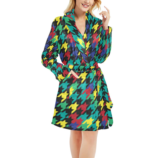 Houndstooth Colorful Pattern Print Design 02 Women's Fleece Robe