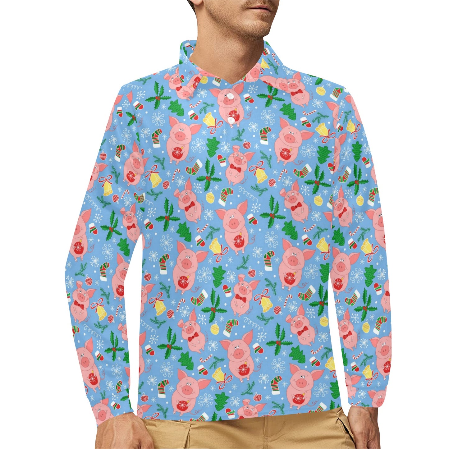 Pig Print Design LKS404 Long Sleeve Polo Shirt For Men's