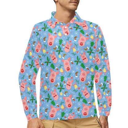 Pig Print Design LKS404 Long Sleeve Polo Shirt For Men's