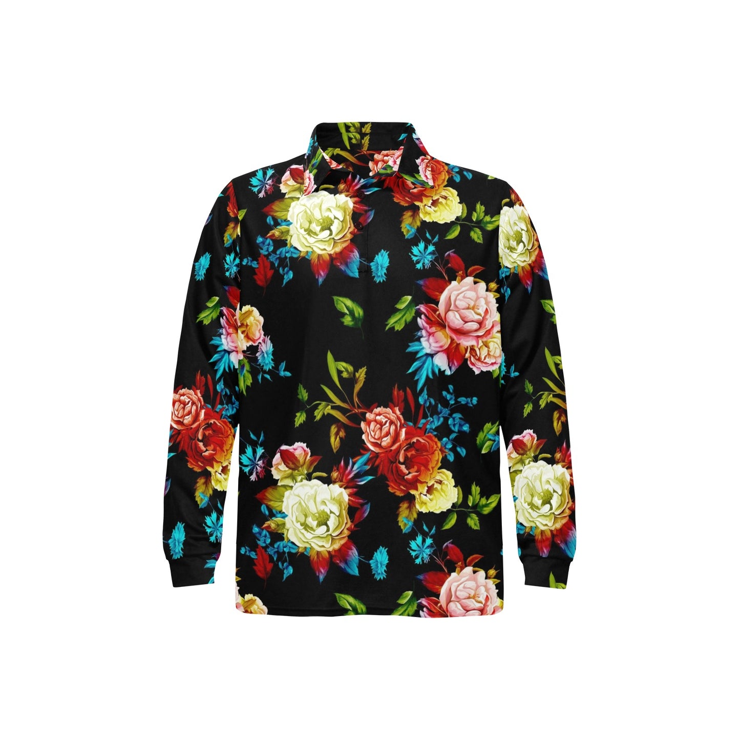 Peony Pattern Print Design PE07 Long Sleeve Polo Shirt For Men's