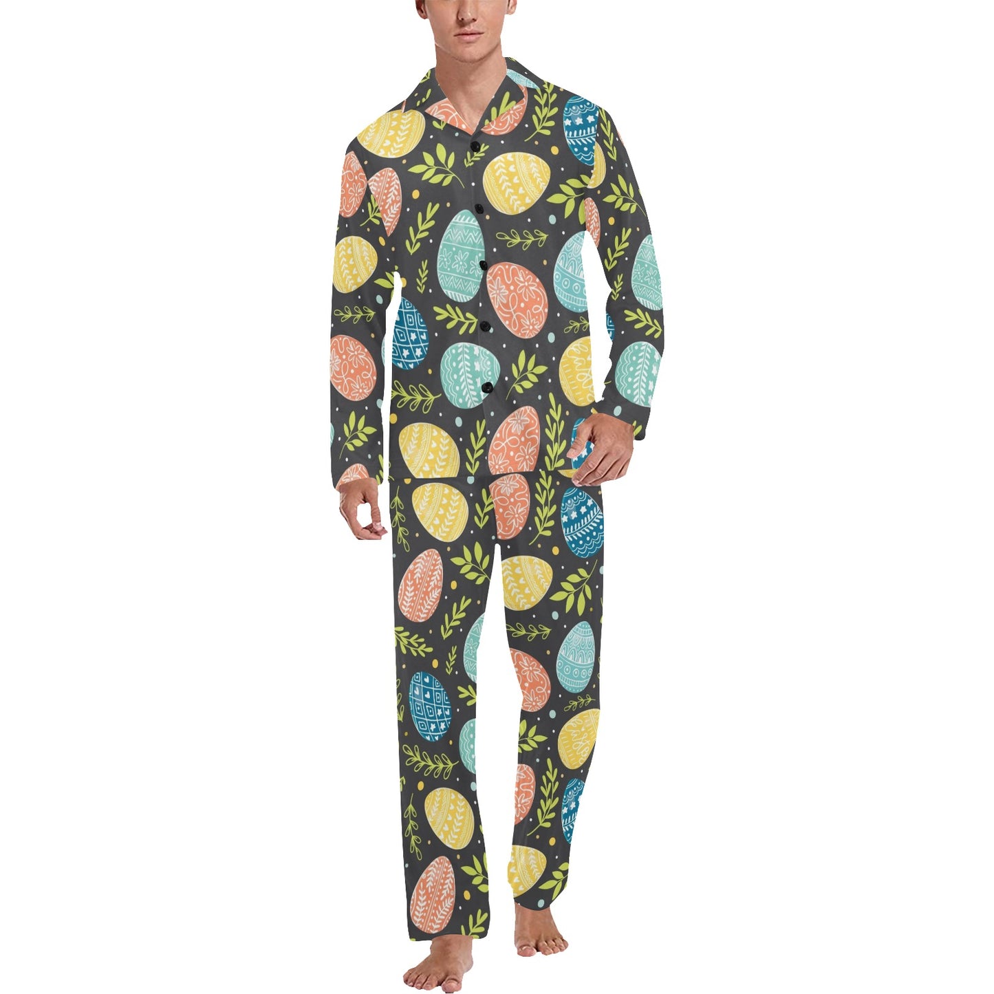 Easter Eggs Pattern Print Design RB01 Men's Long Pajama Set