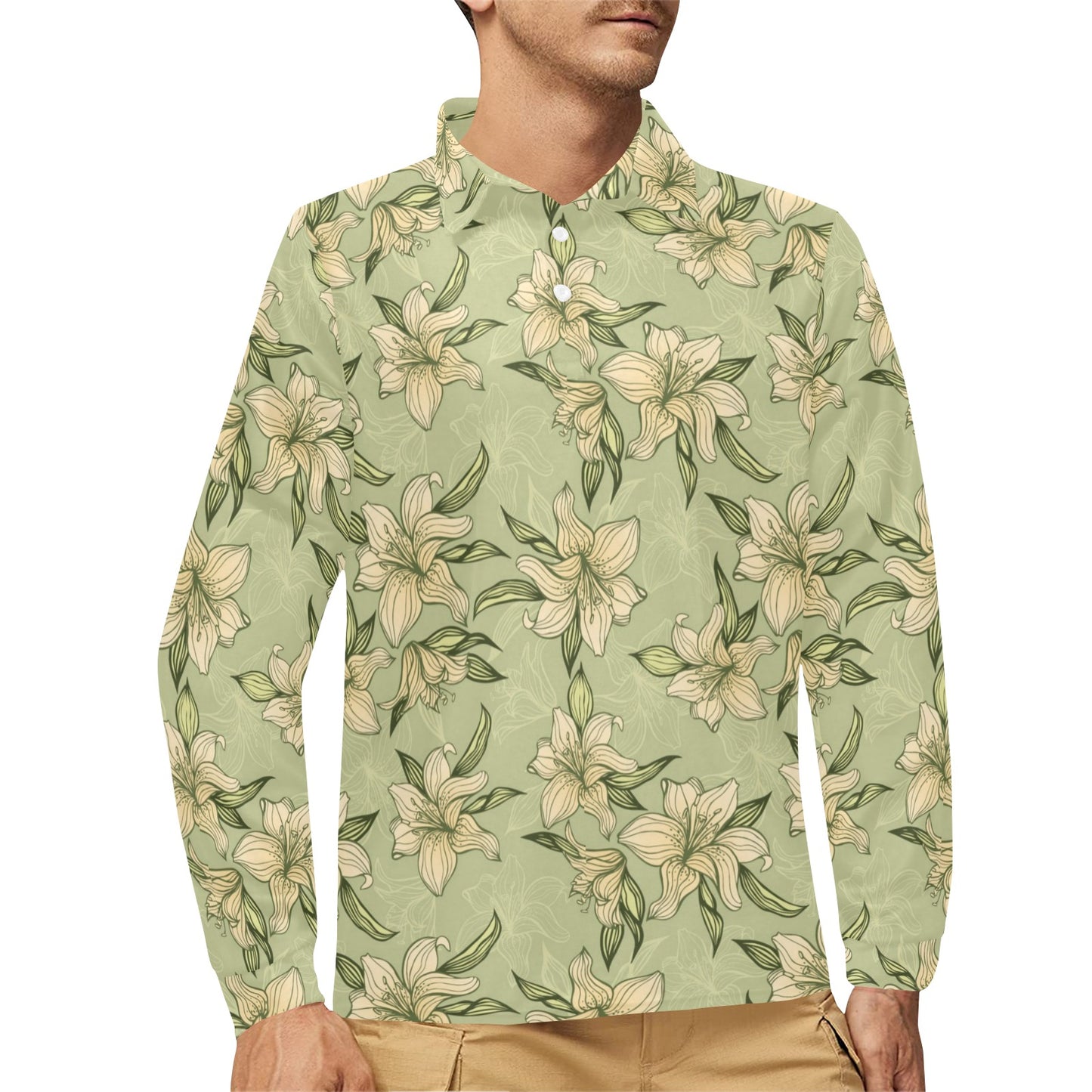 Lily Pattern Print Design LY06 Long Sleeve Polo Shirt For Men's