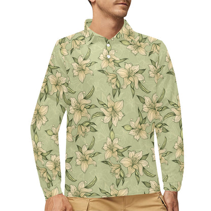Lily Pattern Print Design LY06 Long Sleeve Polo Shirt For Men's