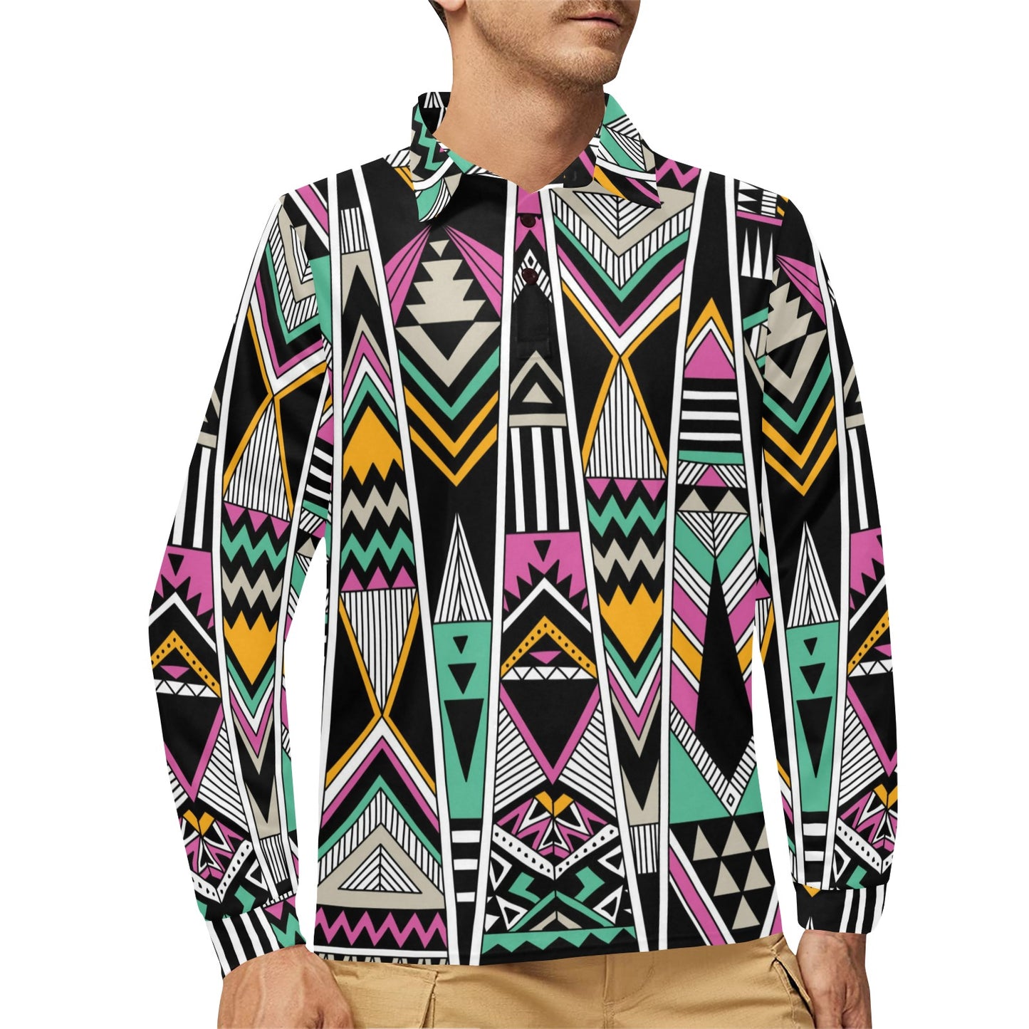 Tribal Aztec Triangle Long Sleeve Polo Shirt For Men's