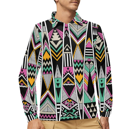 Tribal Aztec Triangle Long Sleeve Polo Shirt For Men's