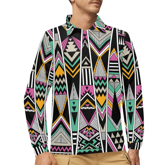 Tribal Aztec Triangle Long Sleeve Polo Shirt For Men's