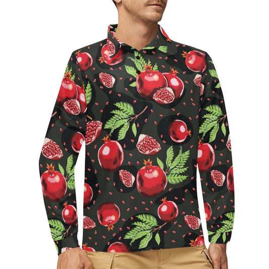 Pomegranate Pattern Print Design PG06 Long Sleeve Polo Shirt For Men's