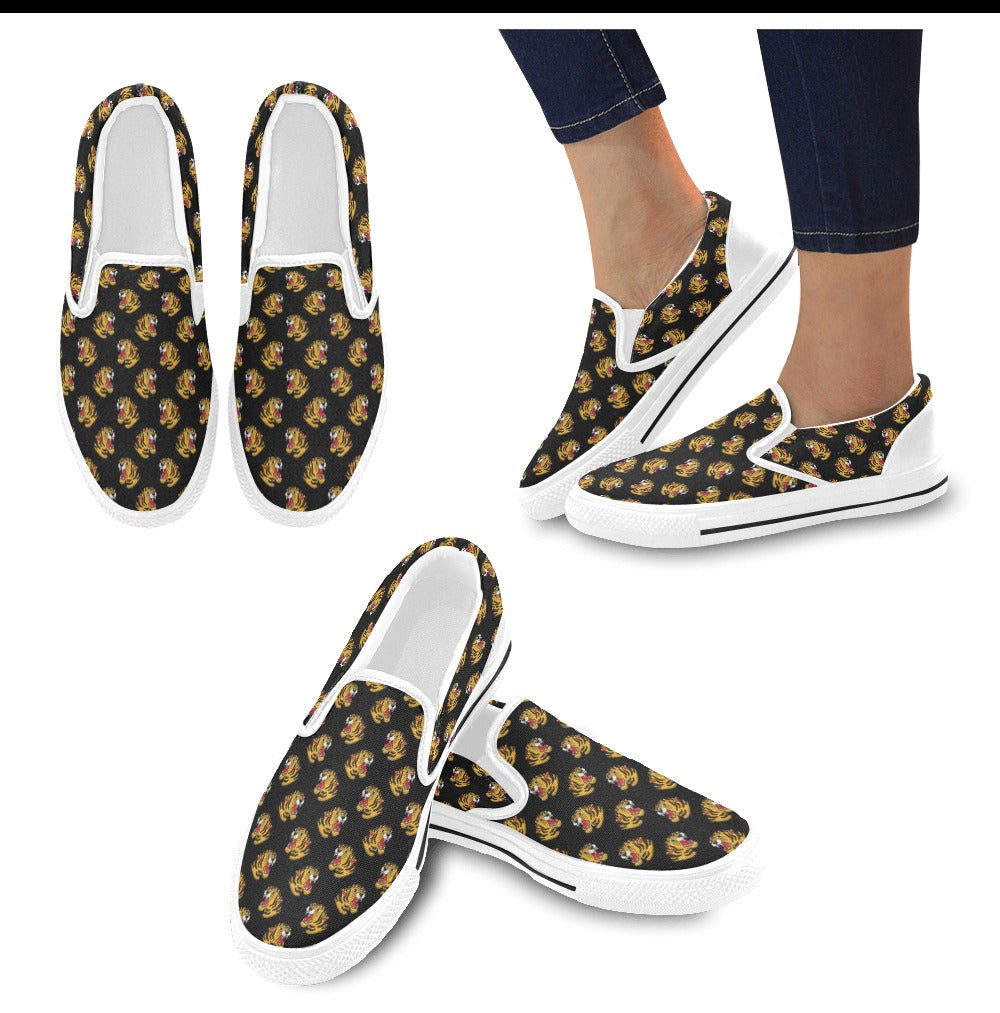 Tiger Head Print Design LKS306 White Slip Ons Canvas Women's Shoes