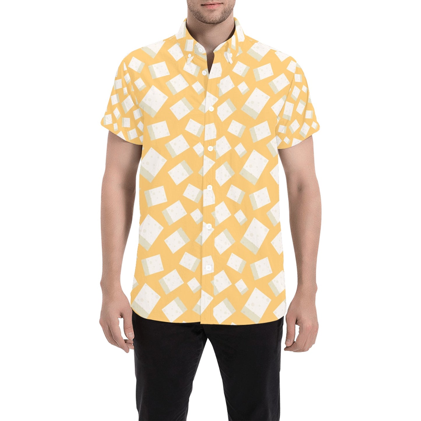 Tofu Print Design LKS302 Men Short Sleeve Button Up Shirt