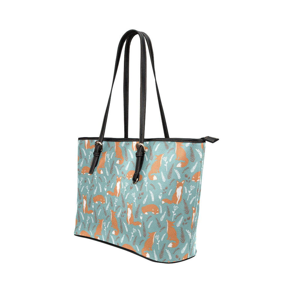 Fox Forest Print Pattern Leather Tote Bag
