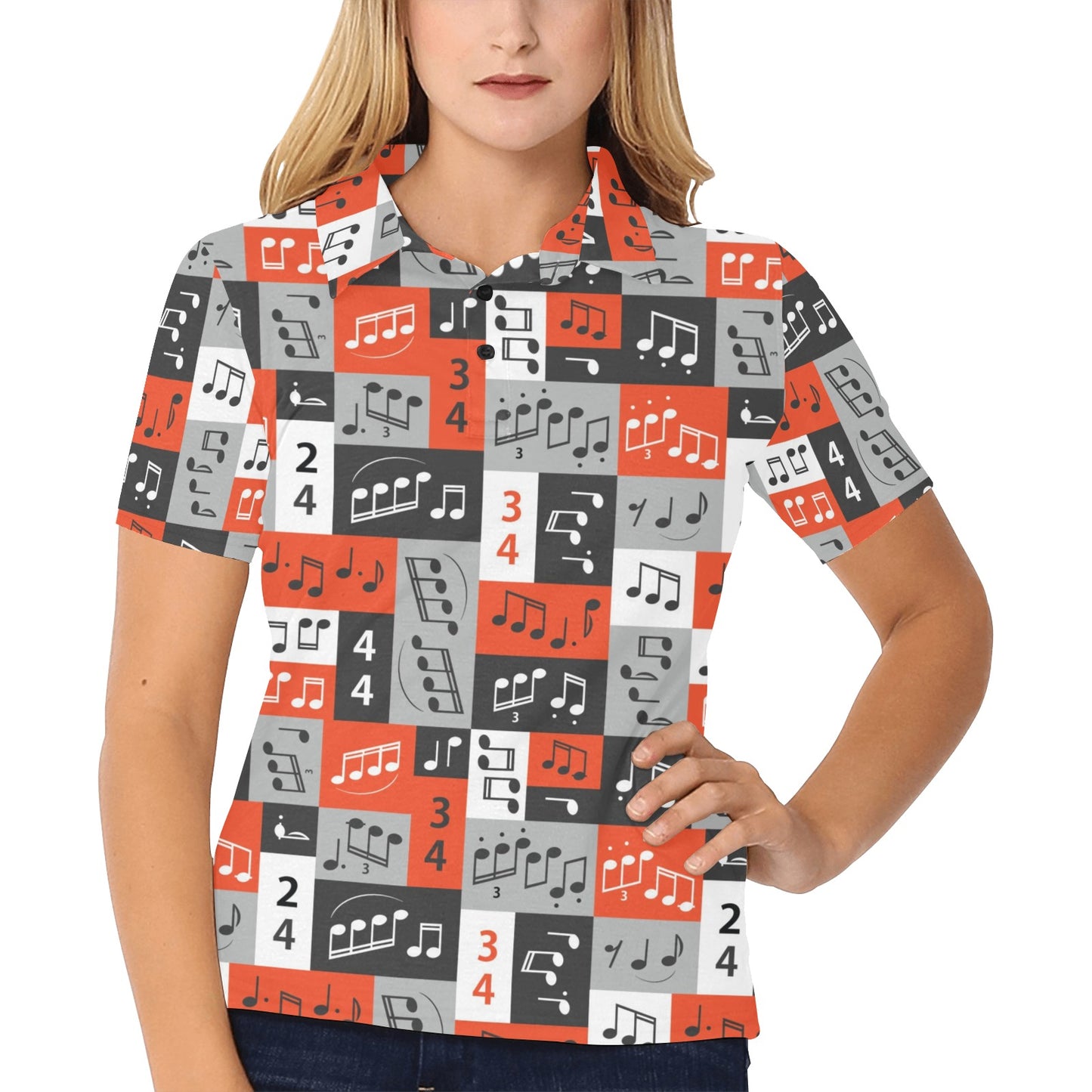 Music Note Design Themed Print Women's Polo Shirt