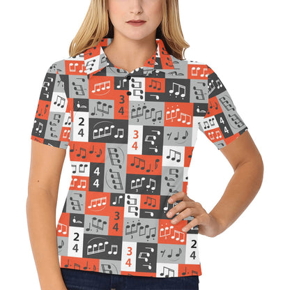 Music Note Design Themed Print Women's Polo Shirt