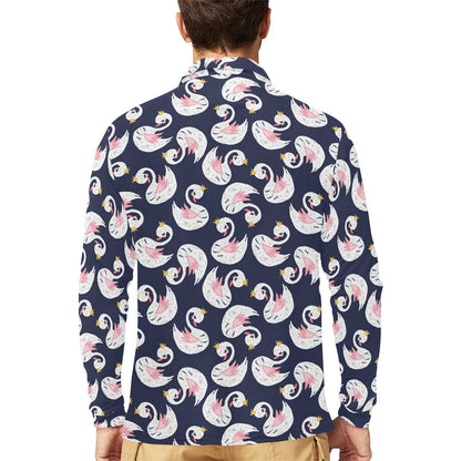 Swan Print Design LKS403 Long Sleeve Polo Shirt For Men's