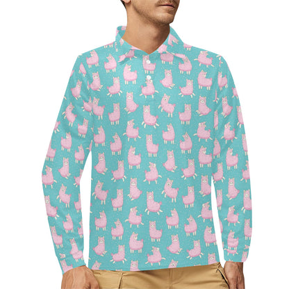 Alpaca Cartoon Design Themed Print Long Sleeve Polo Shirt For Men's