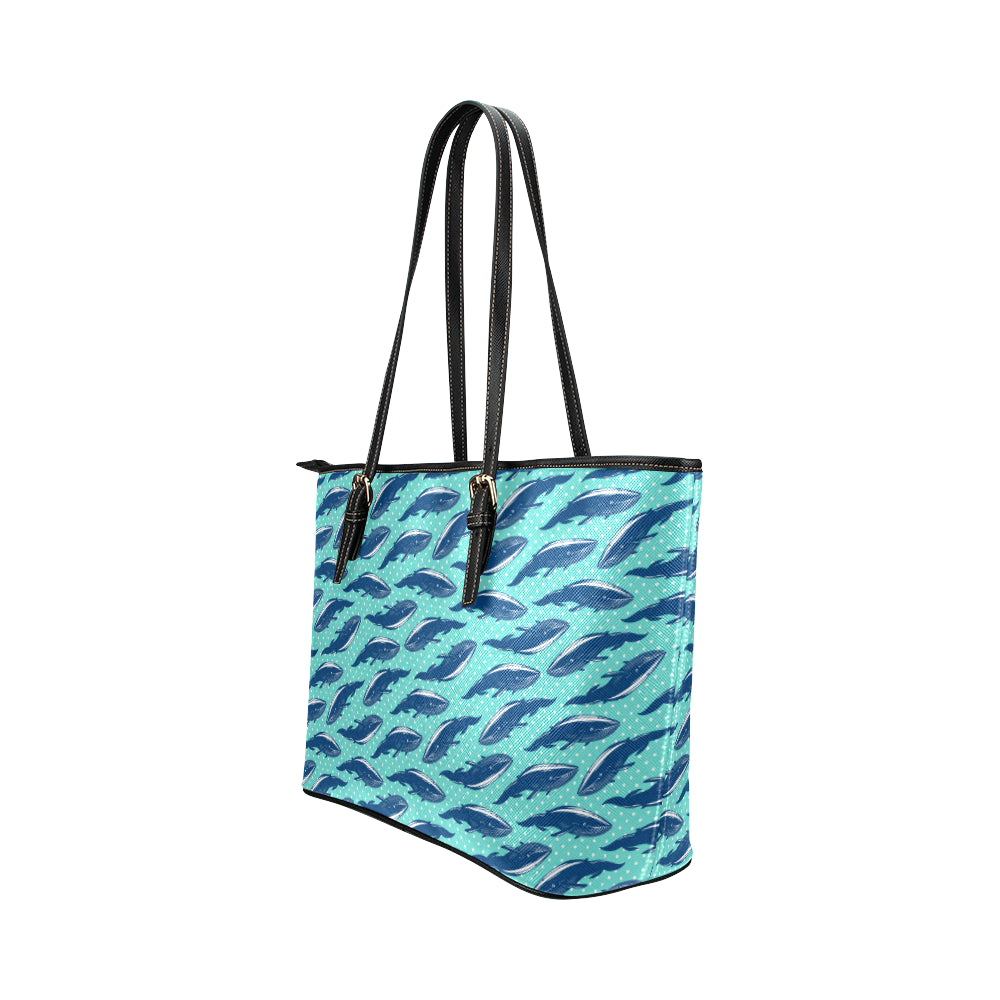 Whale Polka Dot Design Themed Print Leather Tote Bag