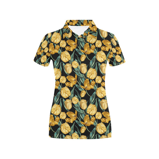 Elegant Yellow Tulip Print Women's Polo Shirt