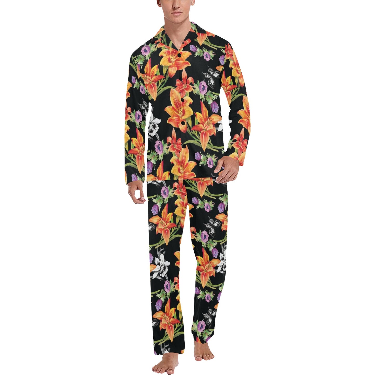 Tropical Flower Pattern Print Design TF02 Men's Long Pajama Set