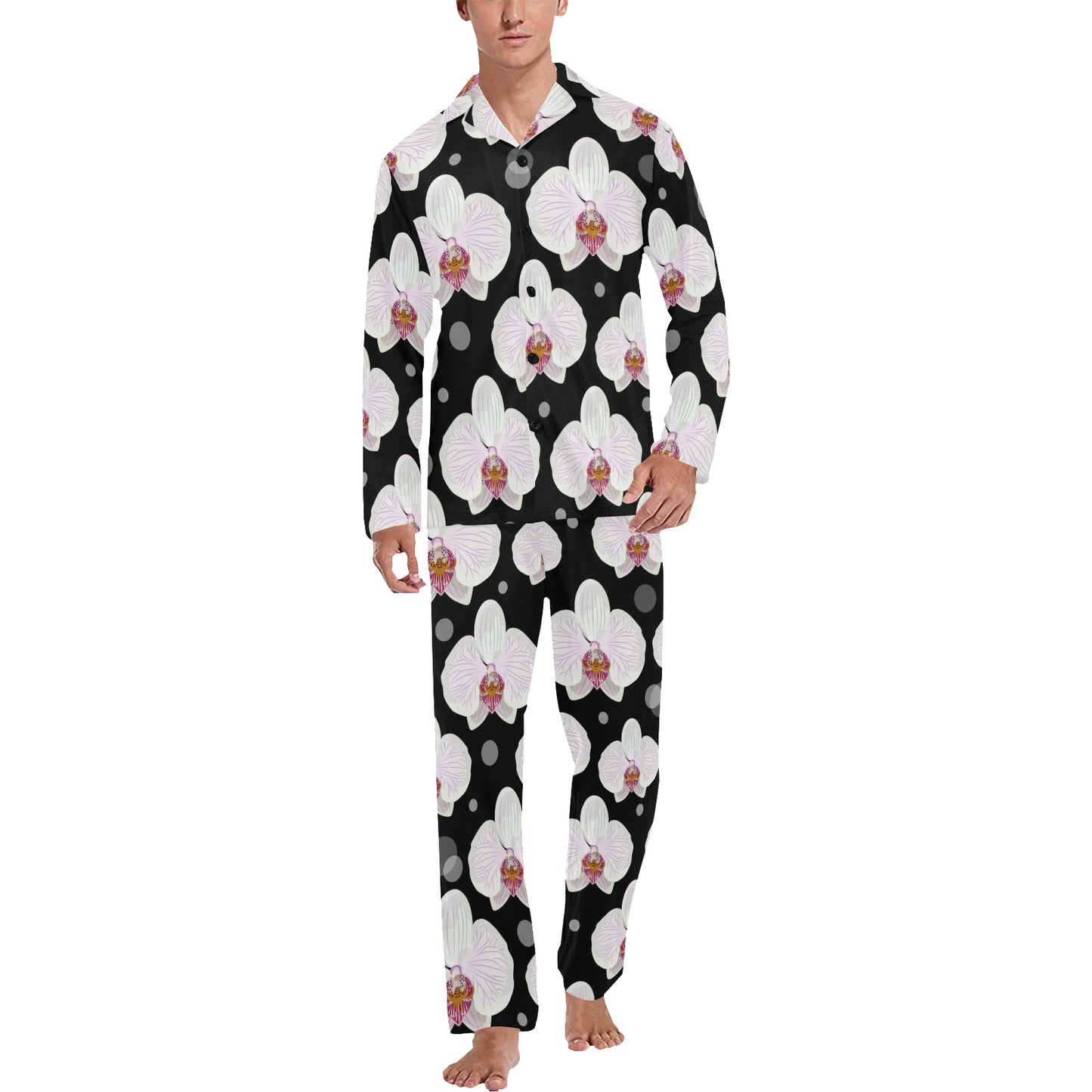 Orchid White Pattern Print Design OR09 Men's Long Pajama Set