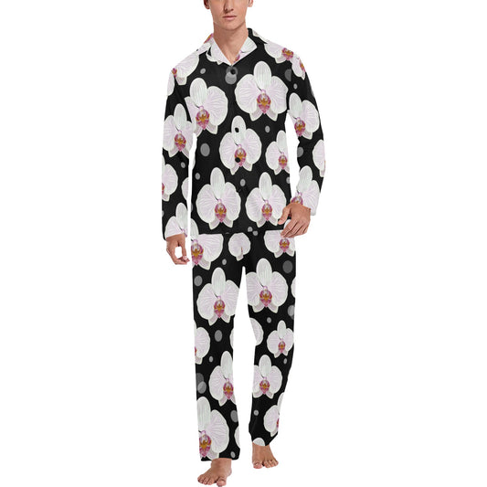 Orchid White Pattern Print Design OR09 Men's Long Pajama Set