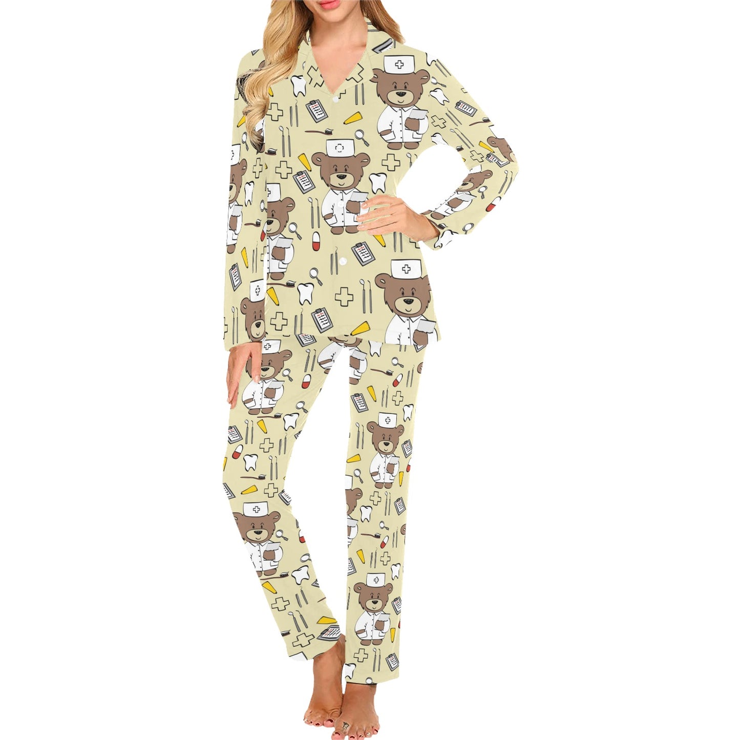 Nurse Bear Pattern Print Design A02 Women's Long Pajama Set