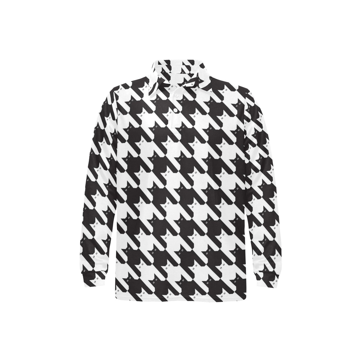 Cat HoundstoothPattern Print Design 01 Long Sleeve Polo Shirt For Men's