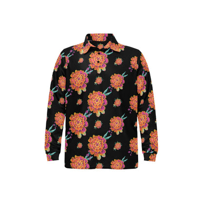 Marigold Pattern Print Design 01 Long Sleeve Polo Shirt For Men's