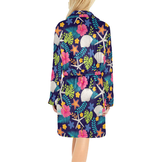 Beach Seashell Floral Theme Women's Fleece Robe