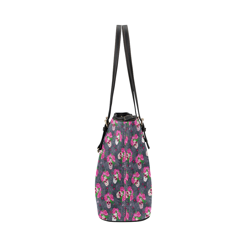 Sugar Skull Pink Rose Themed Print Leather Tote Bag