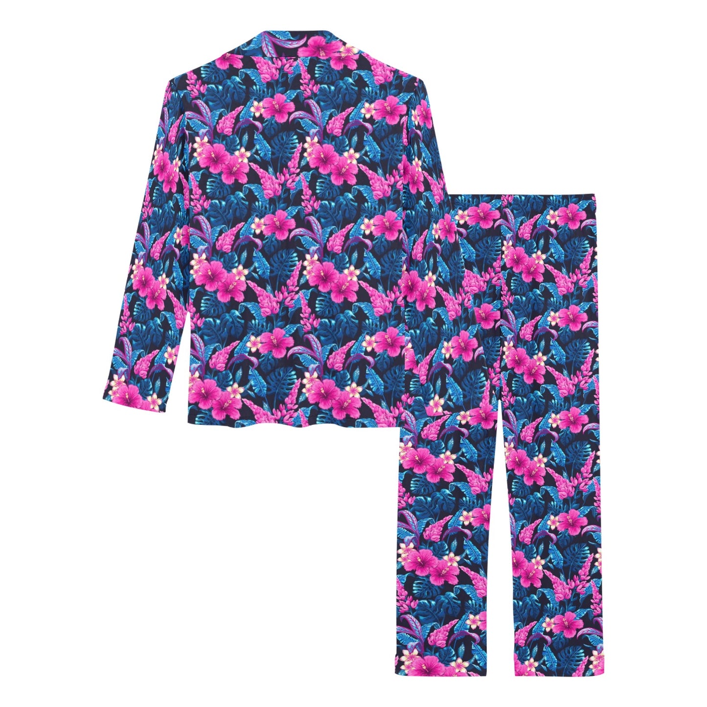 Tropical Folower Pink Themed Print Women's Long Pajama Set