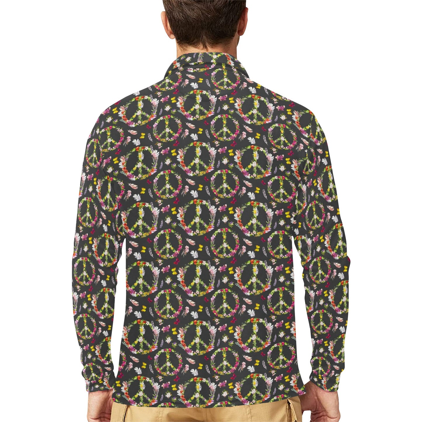 Peace Sign flowers Design Print Long Sleeve Polo Shirt For Men's