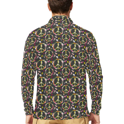 Peace Sign flowers Design Print Long Sleeve Polo Shirt For Men's