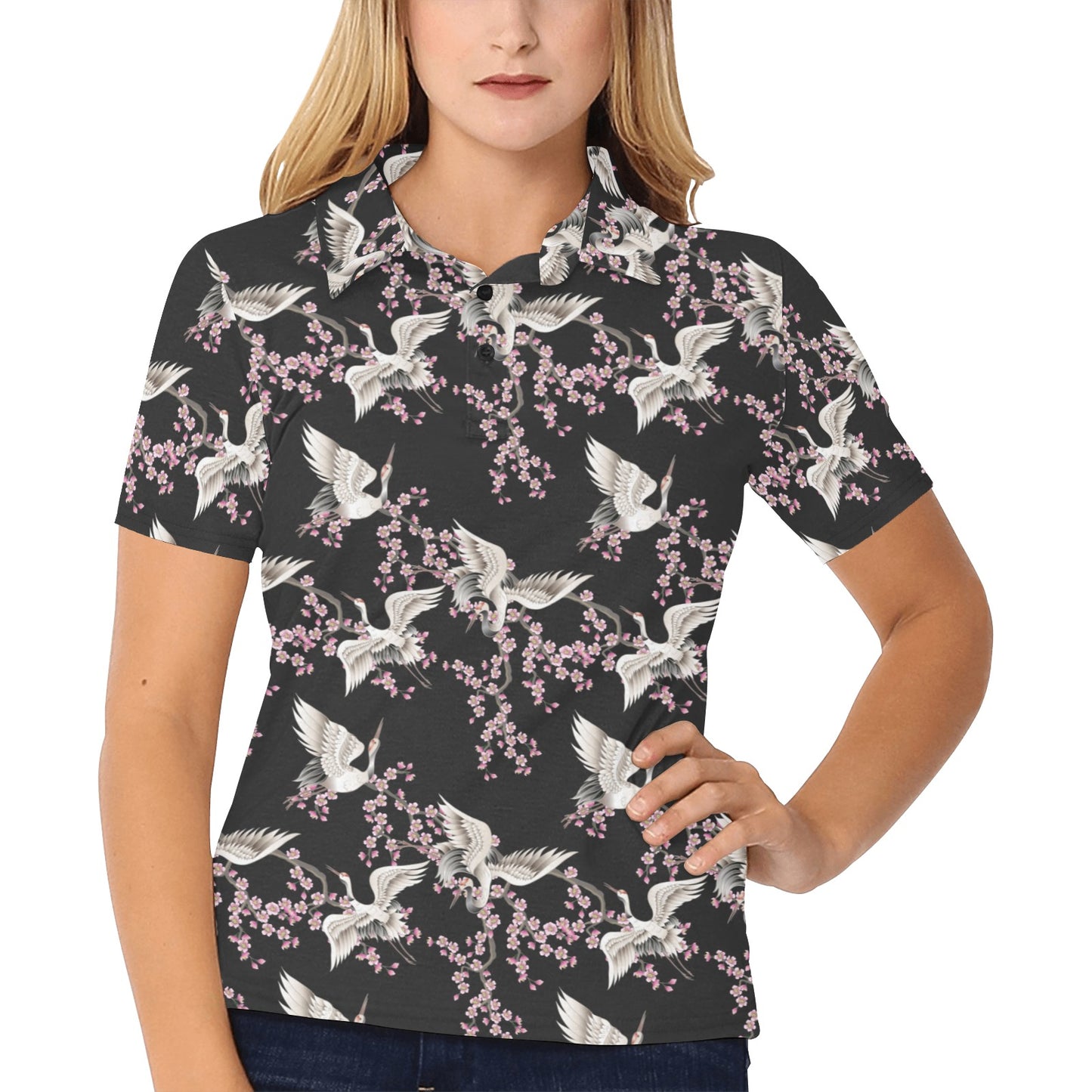 Crane Pattern Print Design 01 Women's Polo Shirt