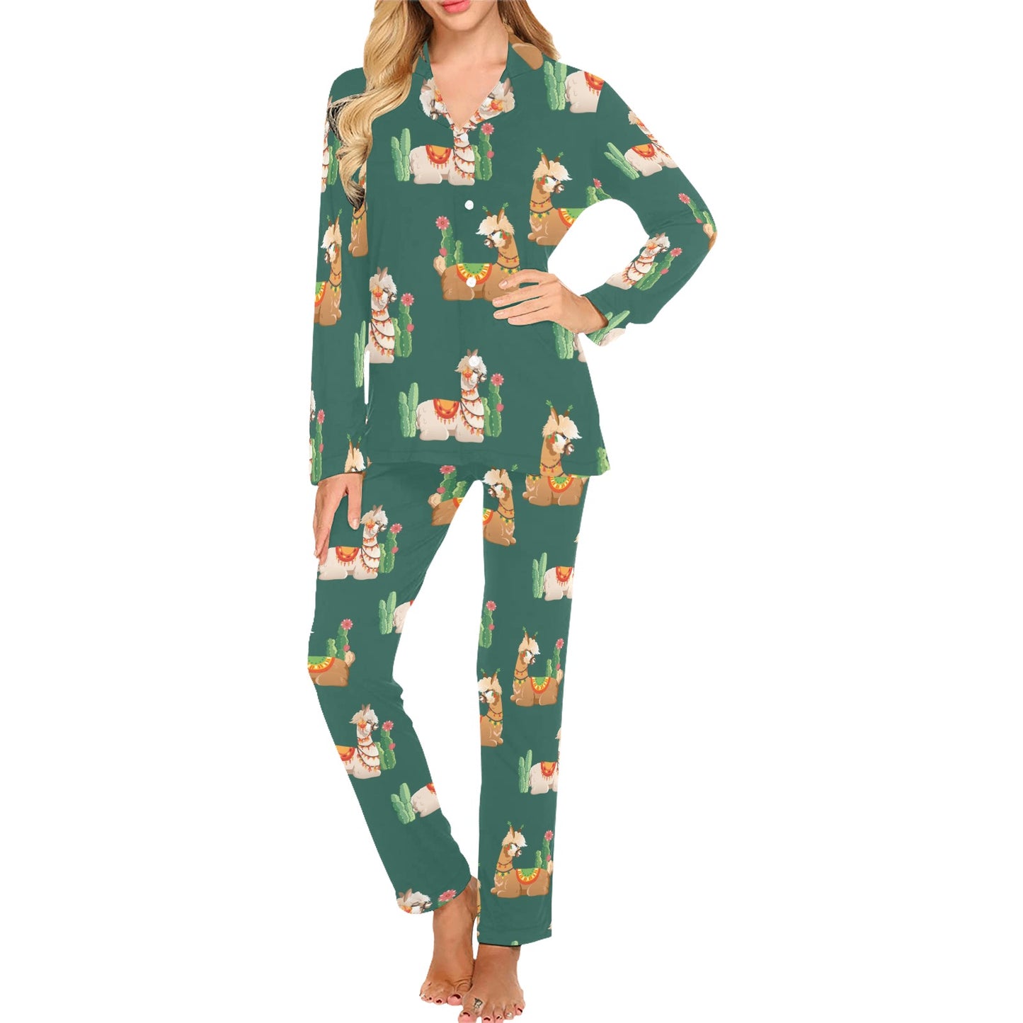 Llama Cactus Pattern Print Design 07 Women's Long Pajama Set