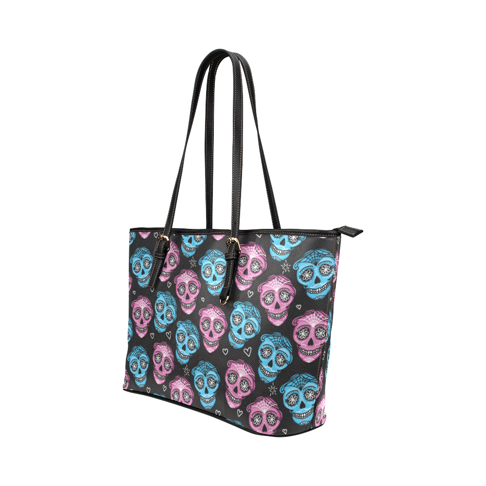 Day of the Dead Skull Print Pattern Leather Tote Bag