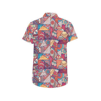 Patchwork Print Design LKS401 Men Short Sleeve Button Up Shirt