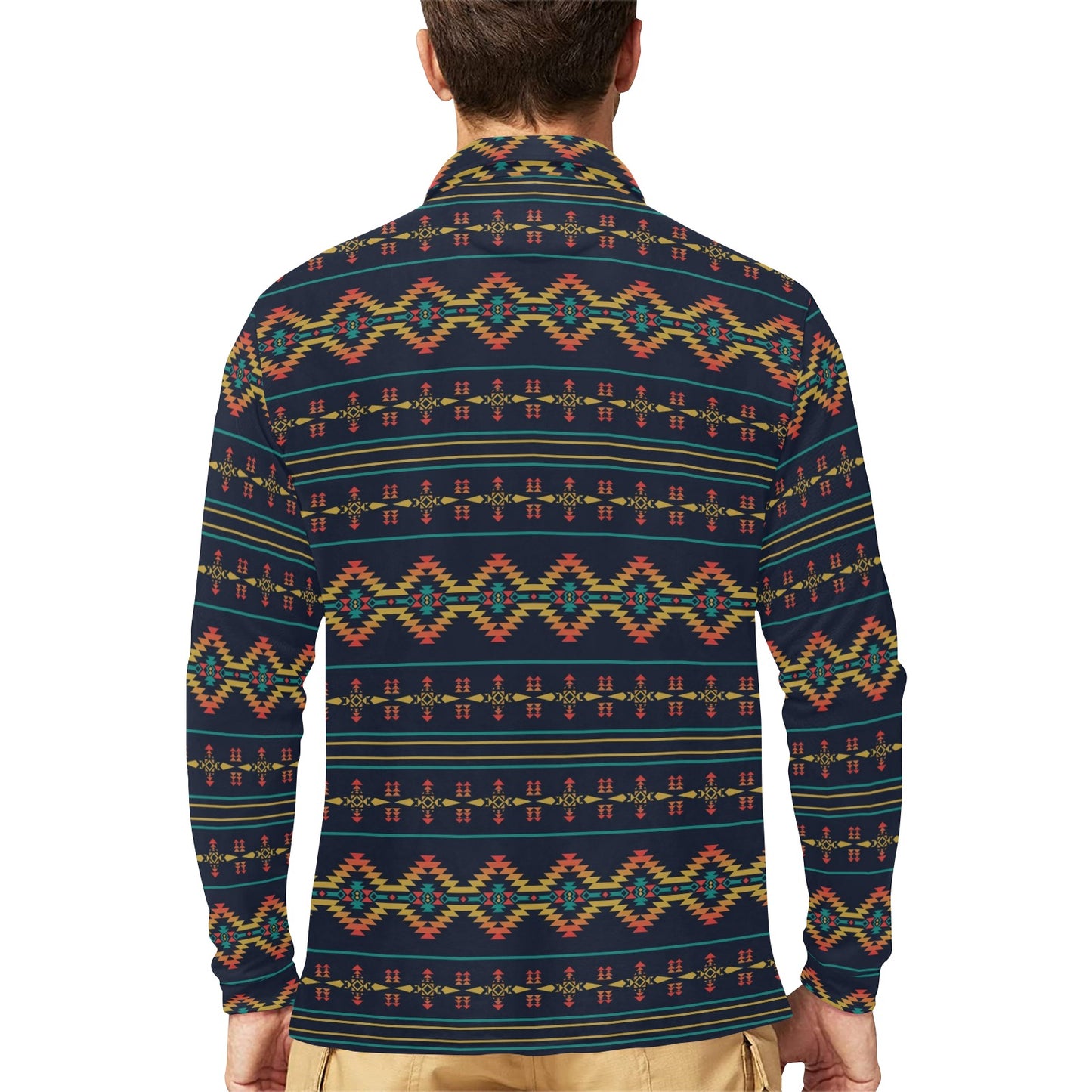 Southwest American Design Themed Print Long Sleeve Polo Shirt For Men's