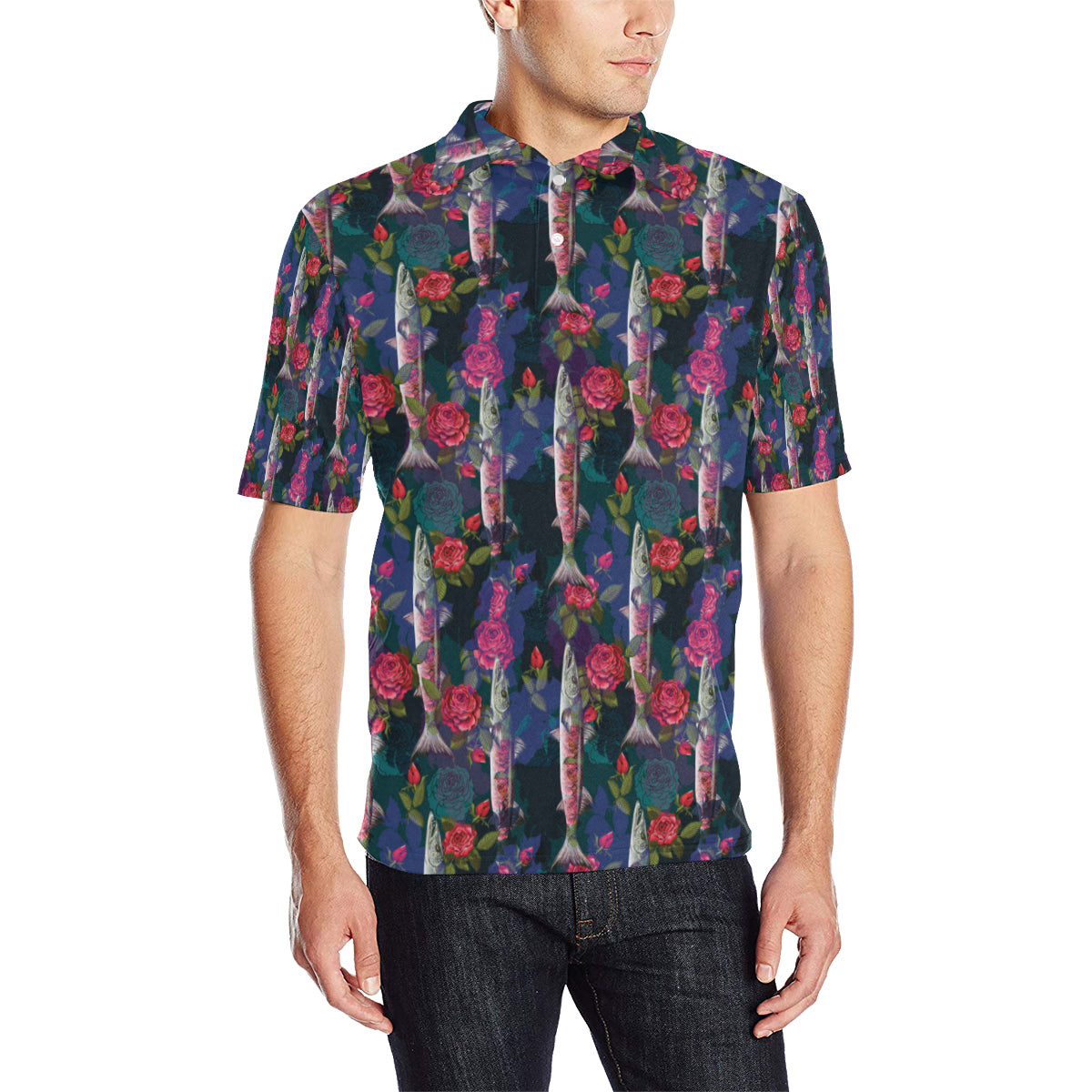 Barracuda with Folwer Pattern Print Design 01 Men Polo Shirt