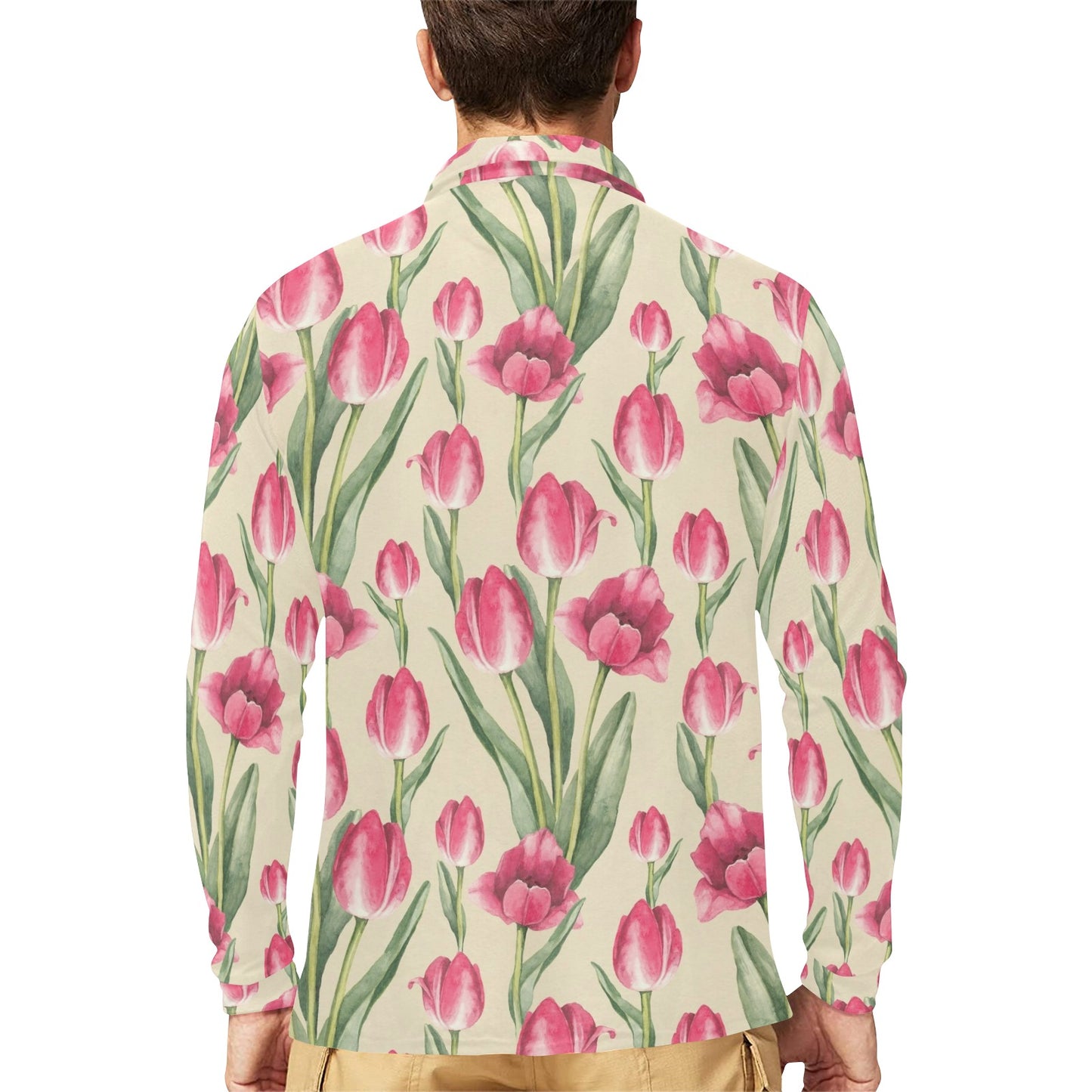 Tulip Pink Pattern Print Design TP06 Long Sleeve Polo Shirt For Men's