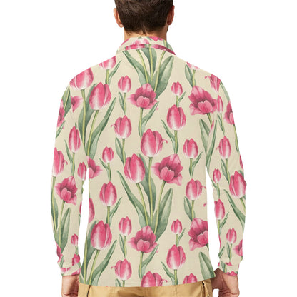 Tulip Pink Pattern Print Design TP06 Long Sleeve Polo Shirt For Men's