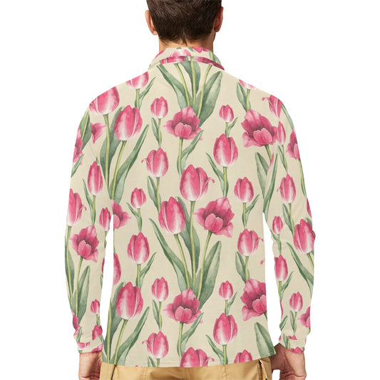 Tulip Pink Pattern Print Design TP06 Long Sleeve Polo Shirt For Men's