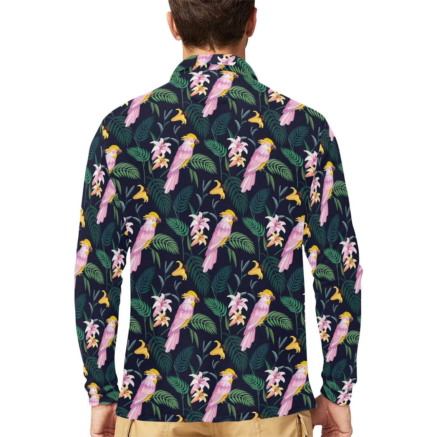 Cockatoo Pattern Print Design 03 Long Sleeve Polo Shirt For Men's
