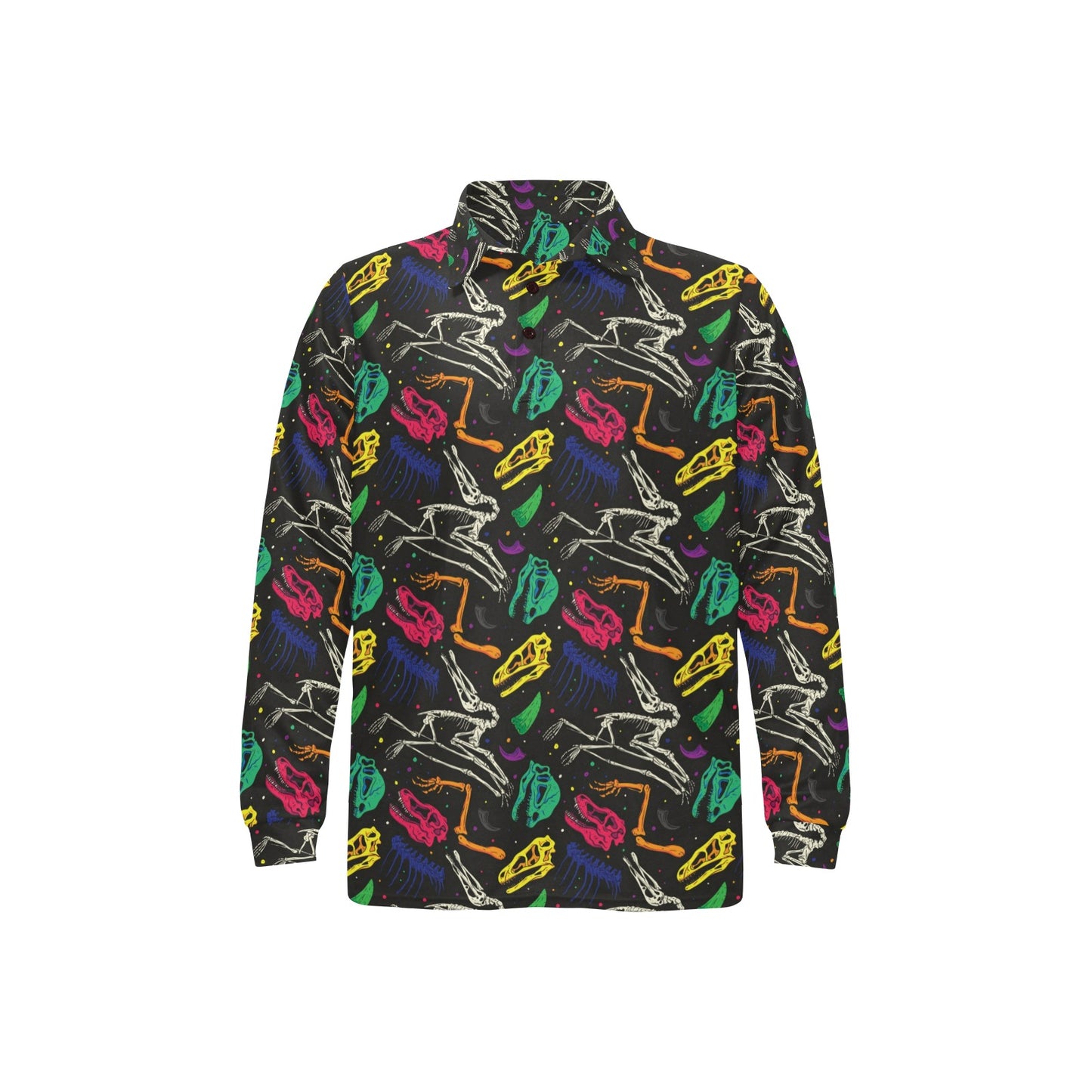 Dinosaur Skull Color Print Pattern Long Sleeve Polo Shirt For Men's