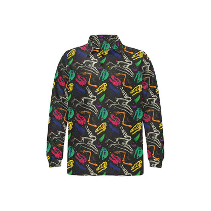 Dinosaur Skull Color Print Pattern Long Sleeve Polo Shirt For Men's