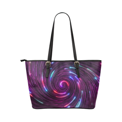 Vortex Twist Swirl Purple Neon Print Leather Tote Bag