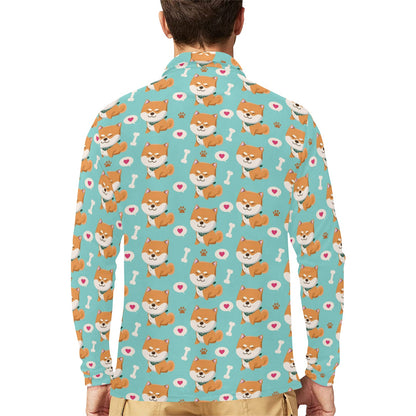 Shiba Inu Print Design LKS3013 Long Sleeve Polo Shirt For Men's