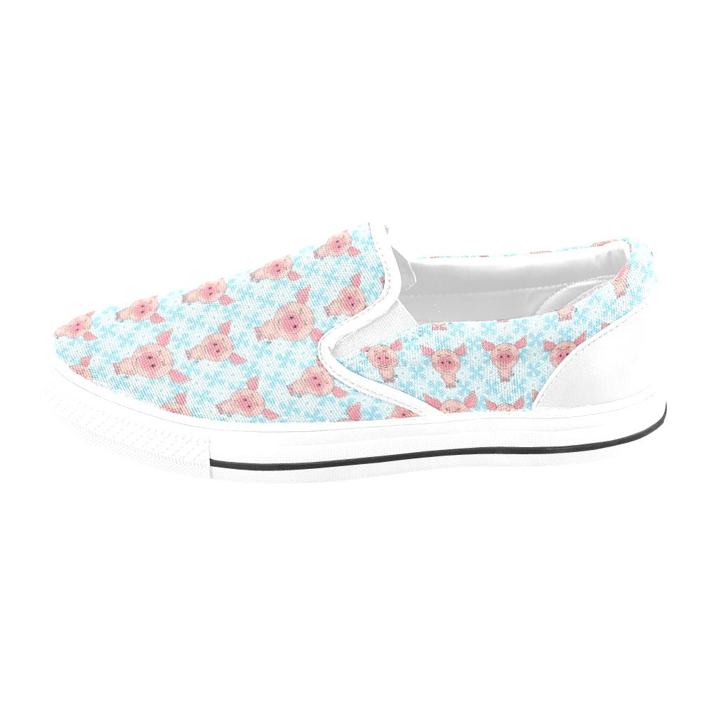Pig Print Design LKS402 White Slip Ons Canvas Women's Shoes