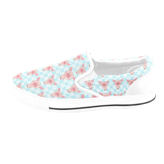 Pig Print Design LKS402 White Slip Ons Canvas Women's Shoes