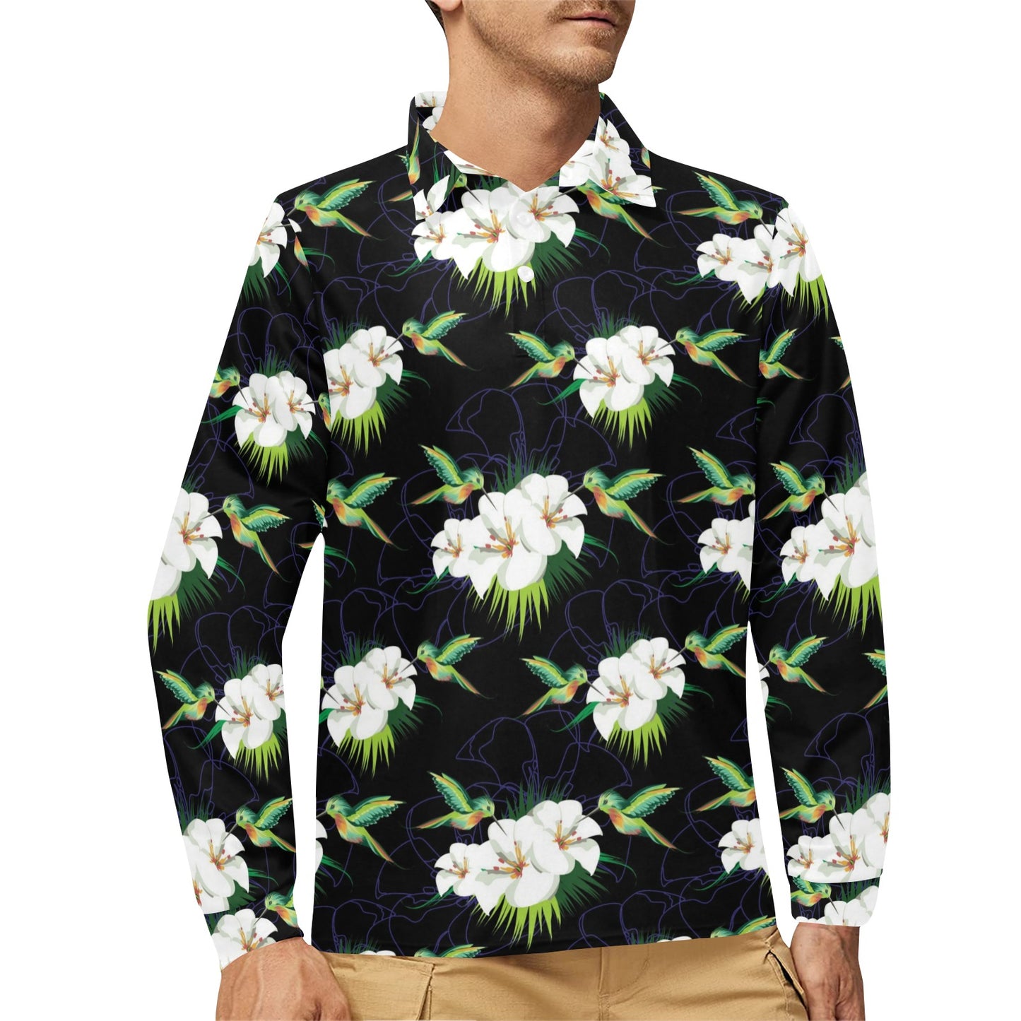 Hummingbird with Flower Pattern Print Design 03 Long Sleeve Polo Shirt For Men's
