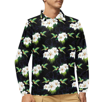 Hummingbird with Flower Pattern Print Design 03 Long Sleeve Polo Shirt For Men's