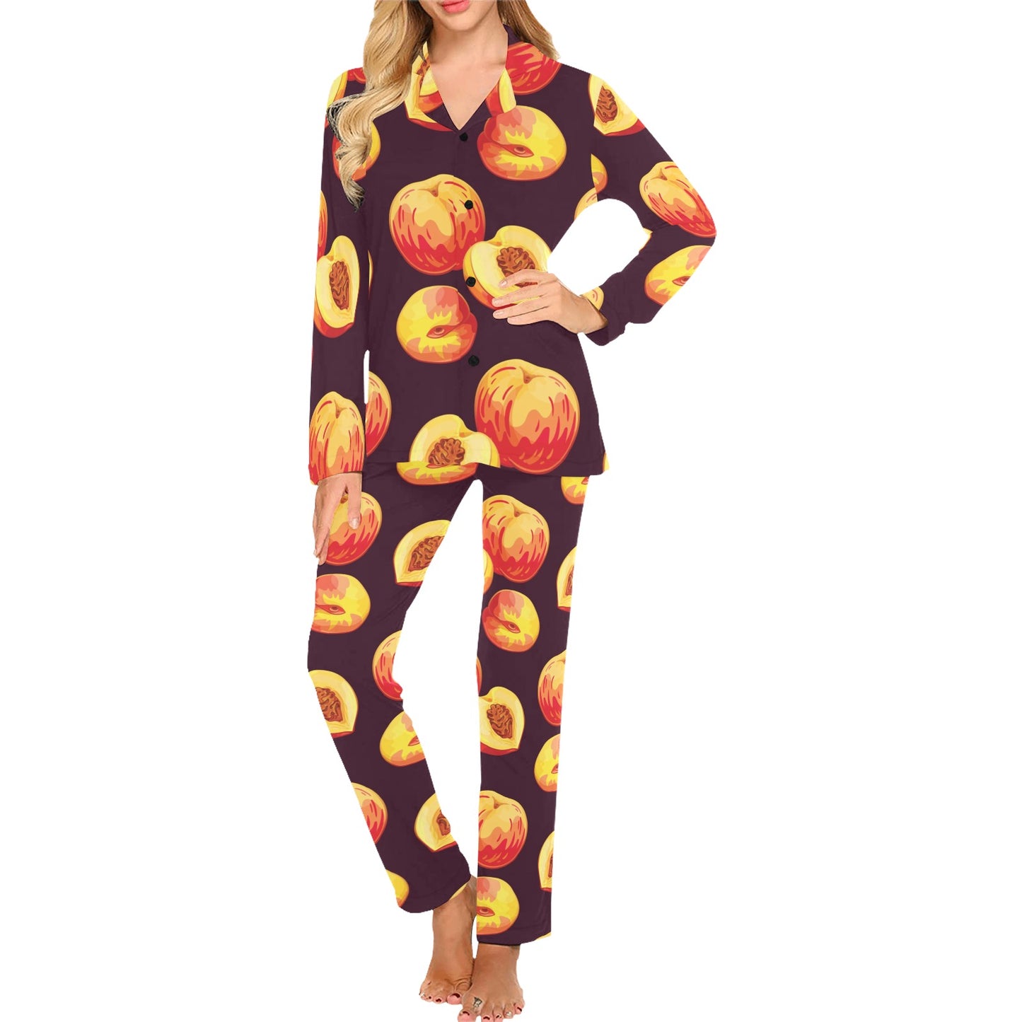 Peach Pattern Print Design A04 Women's Long Pajama Set